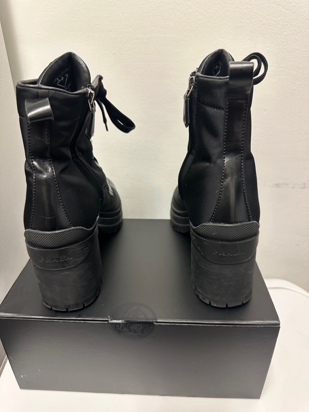 Prada Re-Nylon & Leather Booties Black Lace-Up Platform Ankle Boots, Women (8.5) - Picture 8 of 16